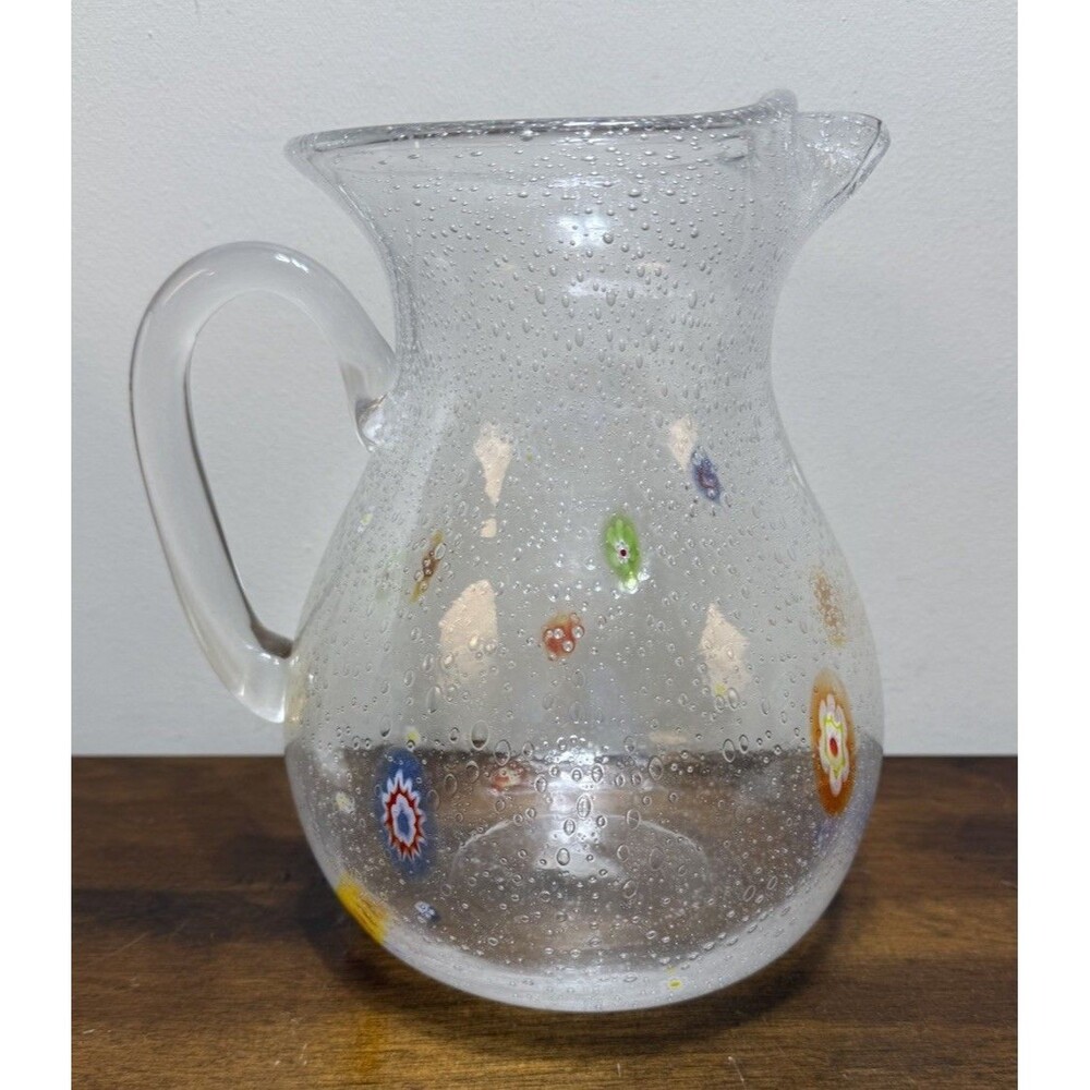 Crate & Barrel Zazz Millefiori 8.5” Hand-Blown Bubble Art Glass Pitcher Whimsy